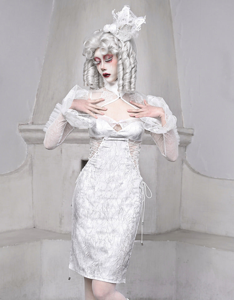 Blood Supply The White Doll Goth Jacquard Lace Fitted Dress - Sugarplum Store