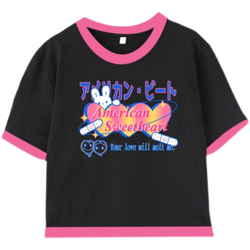 American Sweetheart Bandaid Bunny Streetwear Y2K Print Black T-shirt Tees Top - Sugarplum Store
