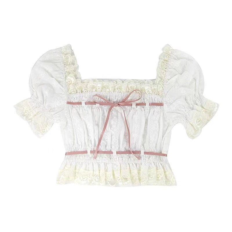 Angel Kiss Lace Pink Ribbon White Top Blouse & Bow Denim Shorts Two Piece Set - Sugarplum Store