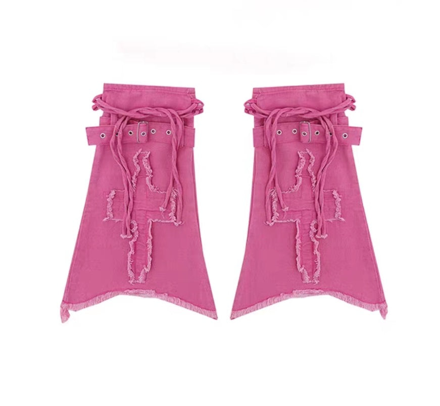 Hot Pink Cross Embroidery Denim High Waist Skirt & Leg Warmers Two Piece Set - Sugarplum Store