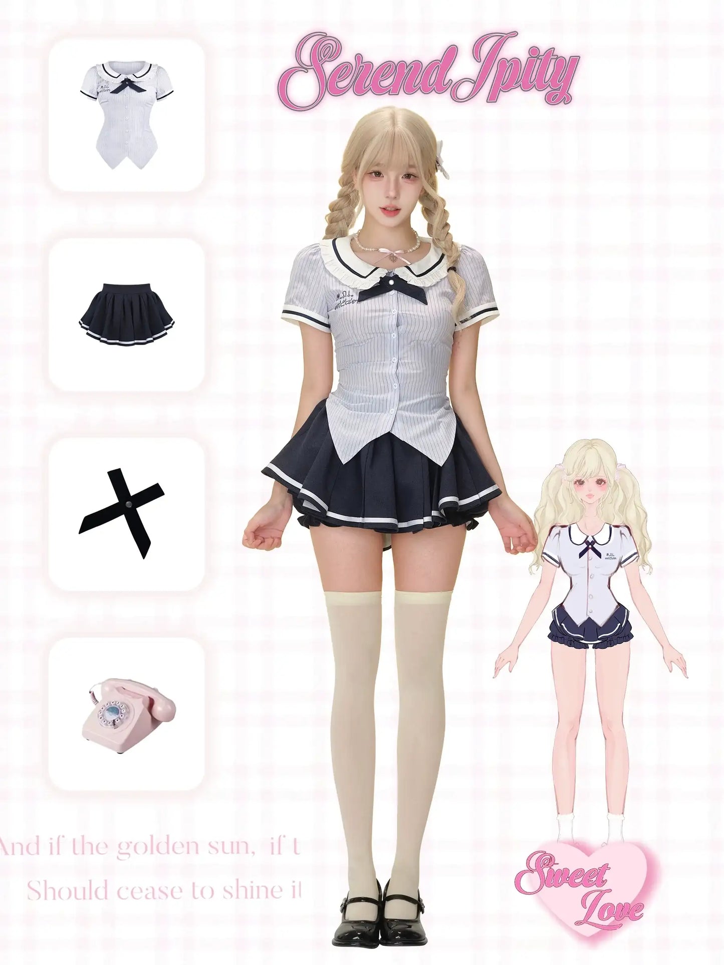 youthful and cute two-piece set with striped blue top and navy skirt