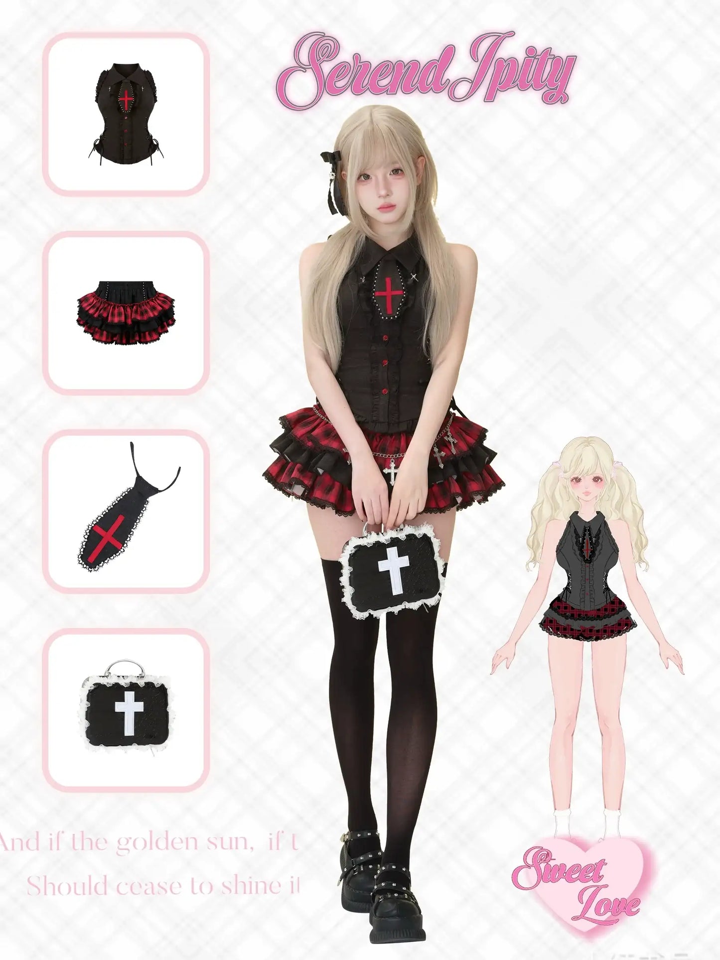 edgy punkcore outfit with black cami and plaid red tutu