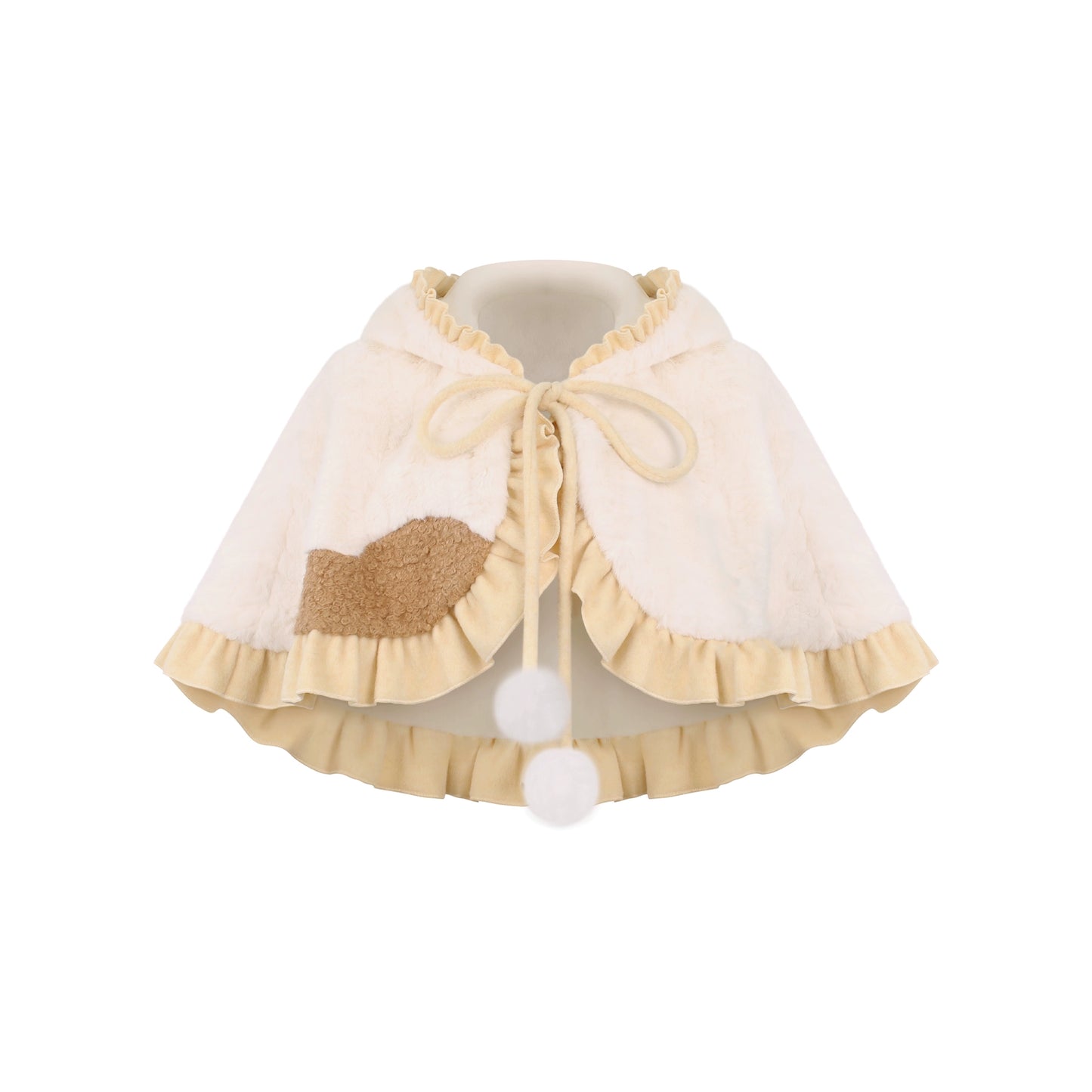 Children's beige and cream cape with pom-poms on a white background