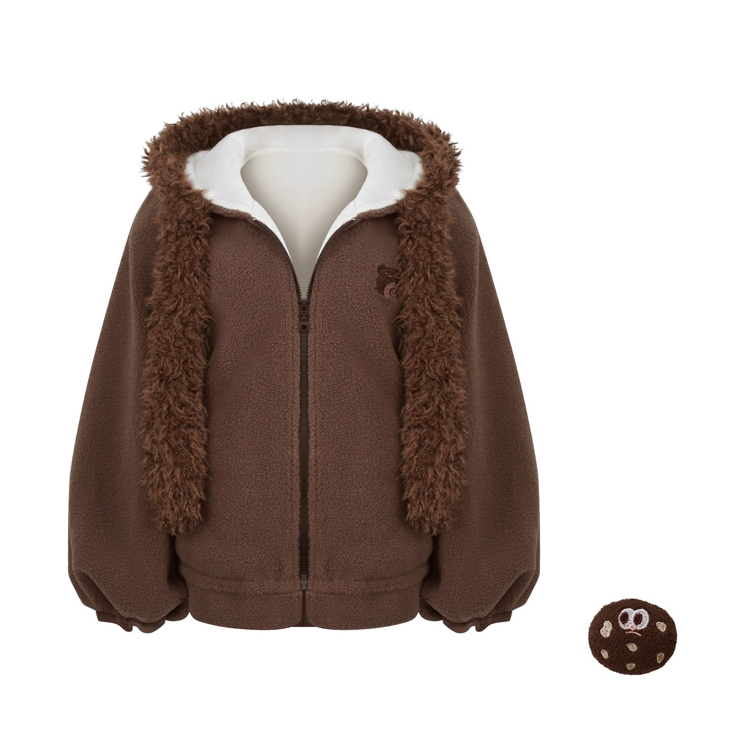 Brown fleece jacket with fur trim on a white background