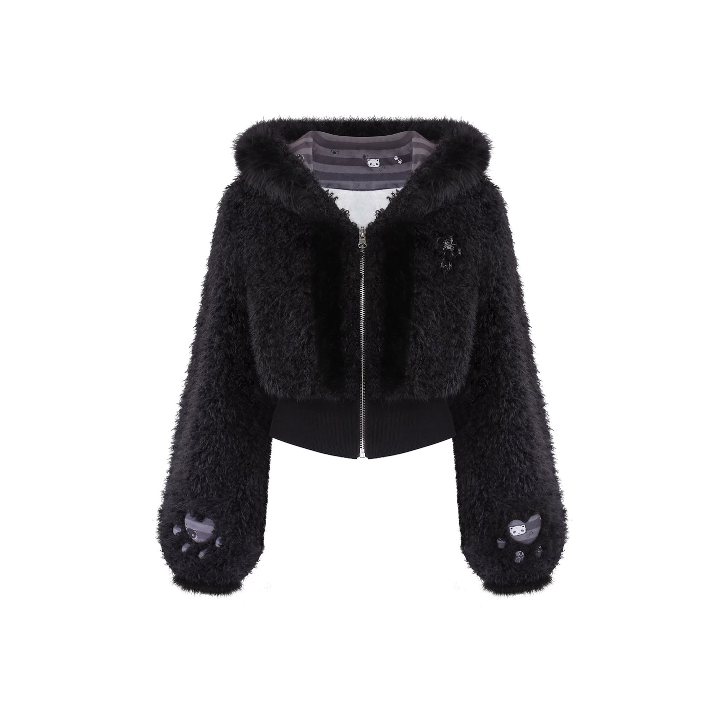 Black fluffy jacket with cat paw details on a white background