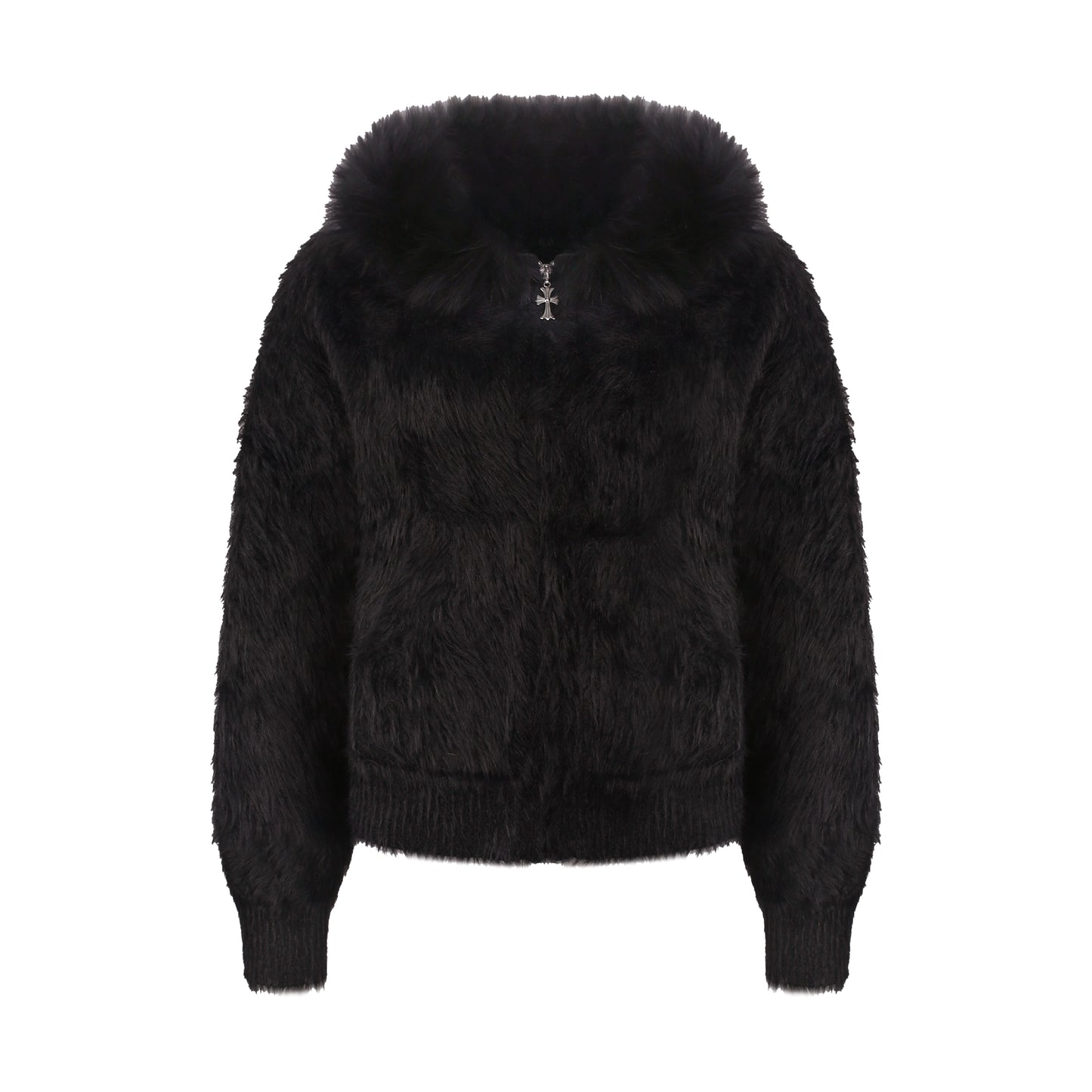 Black fluffy jacket on a white background