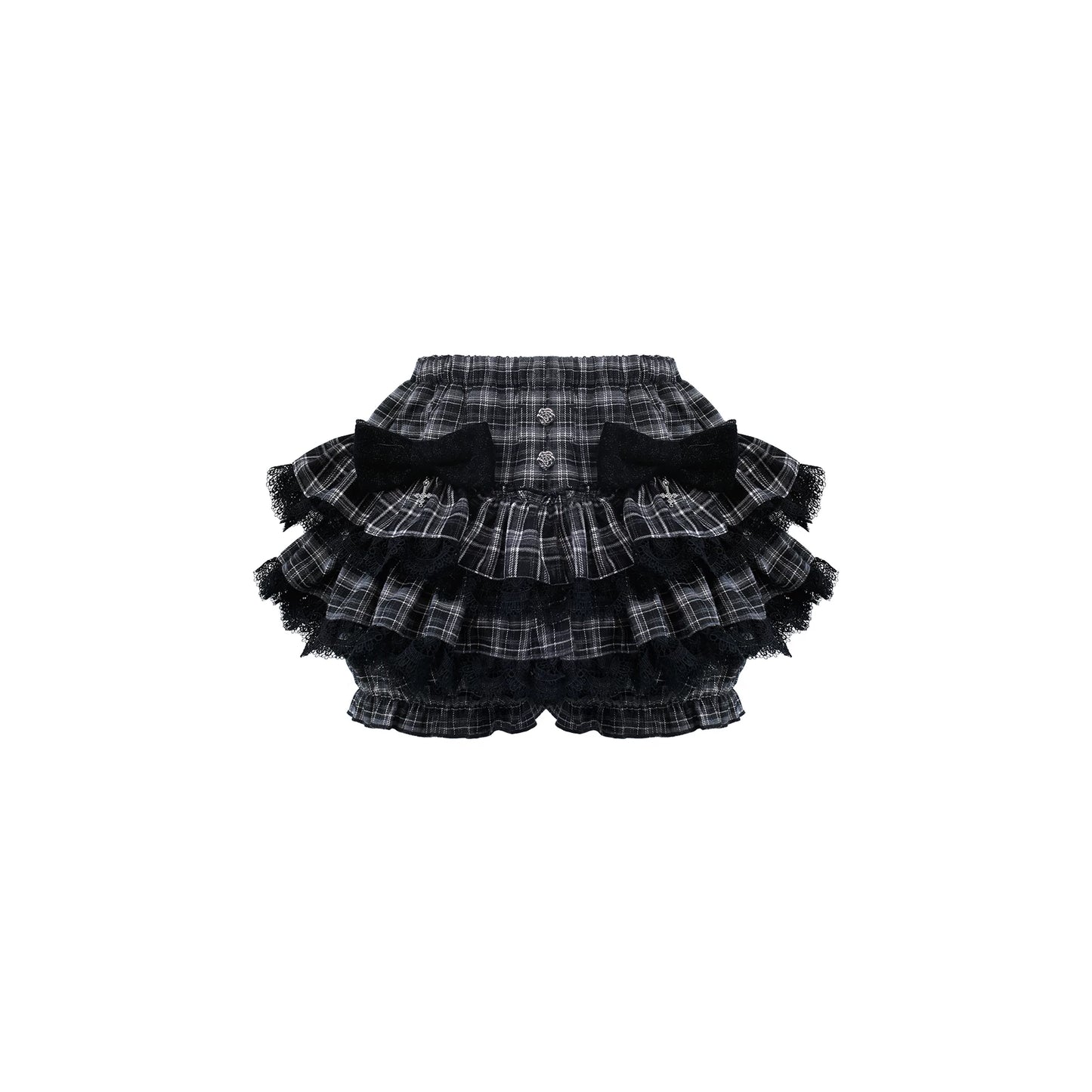 Plaid black skirt with ruffles on a white background