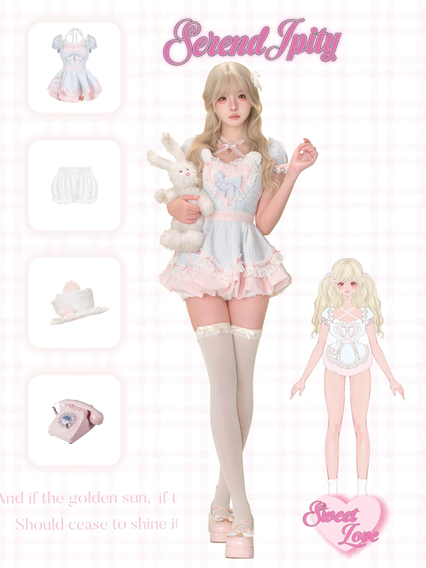 close-up of heart with bear ears on blue dress and fluffy bloomers