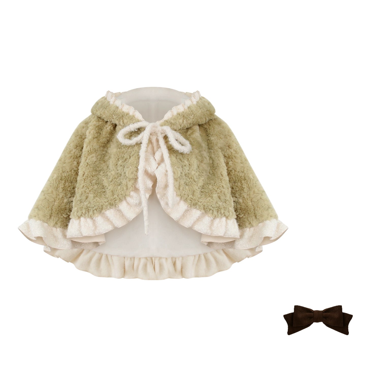 Green fluffy hooded cape with white trim on a white background