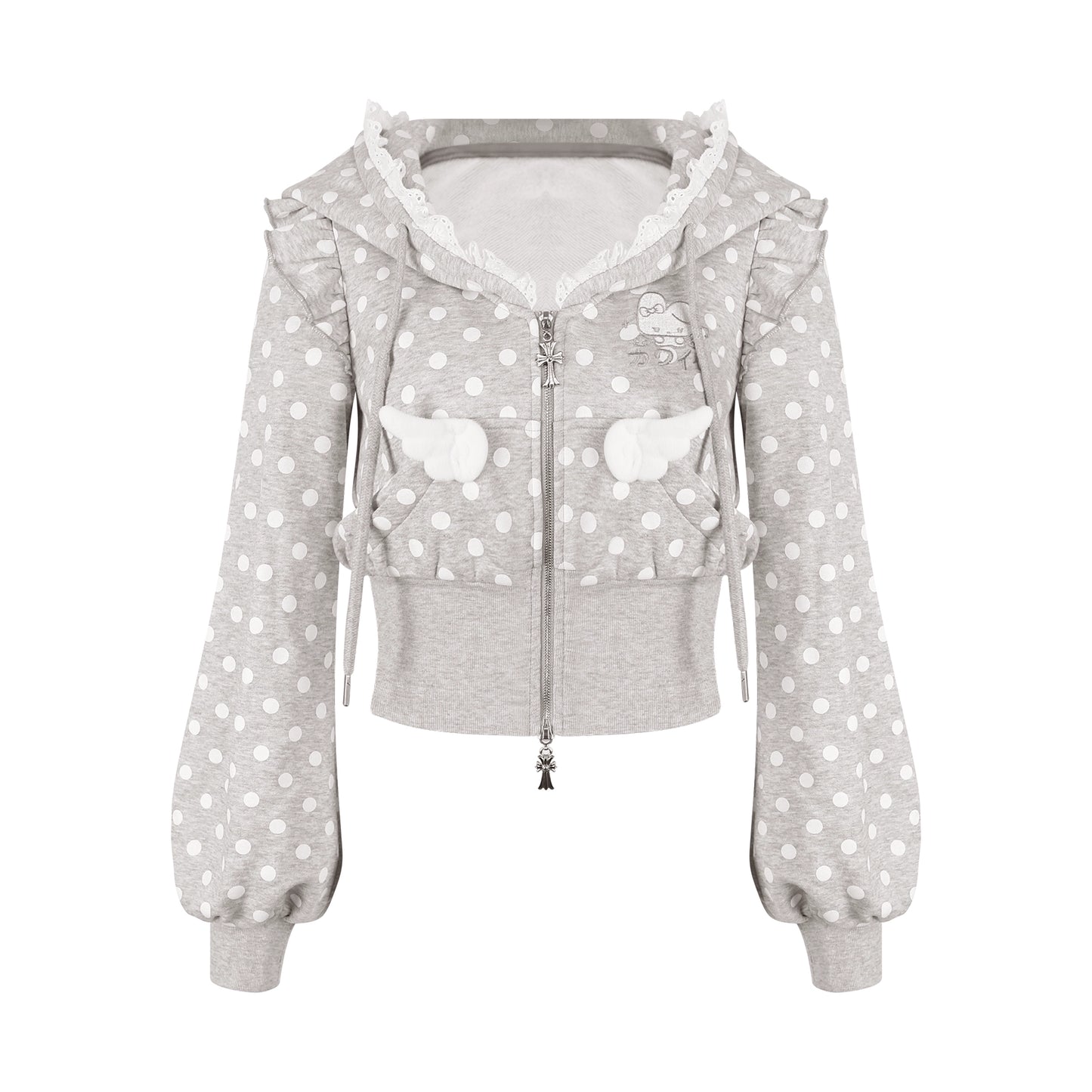 Gray hoodie with white polka dots and heart designs on a white background