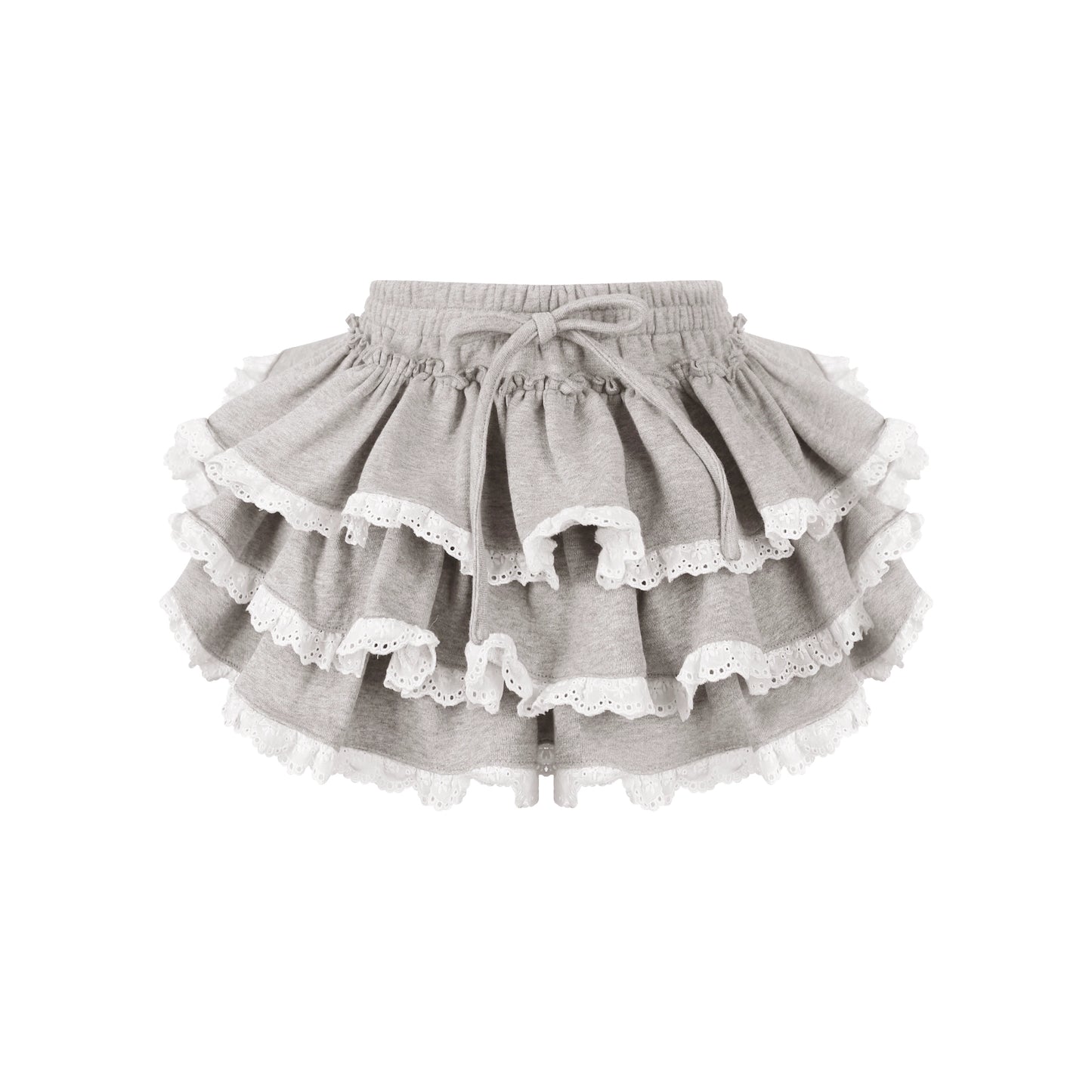 Gray ruffled skirt with lace trim on a white background