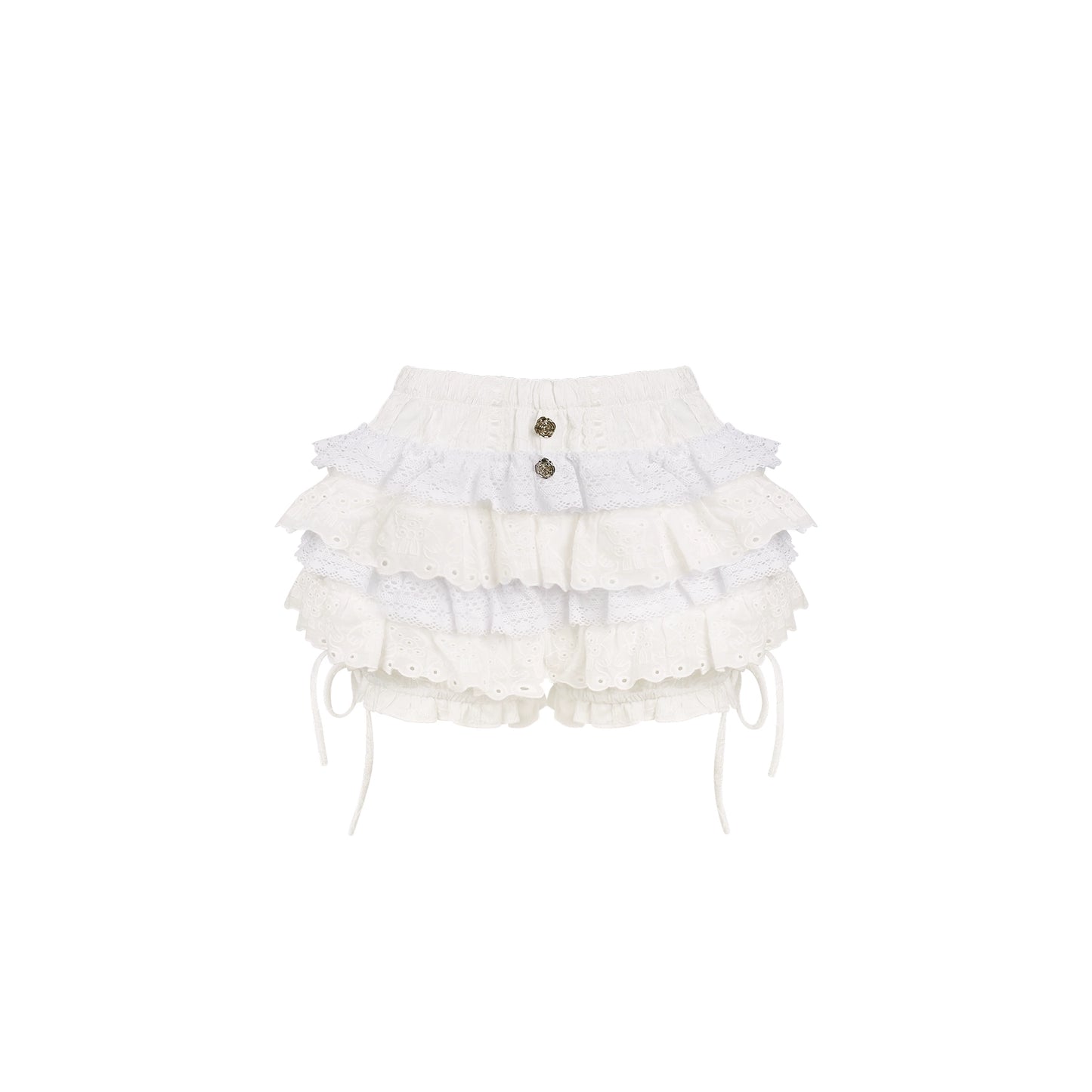 White ruffled bloomers with buttons on a white background