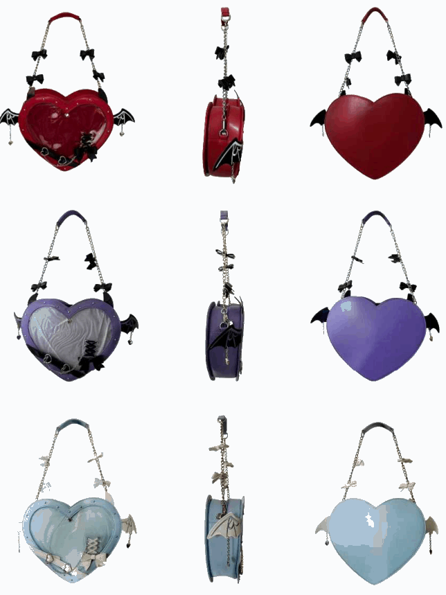 Set of heart-shaped handbags in various colors with decorative elements on a white background