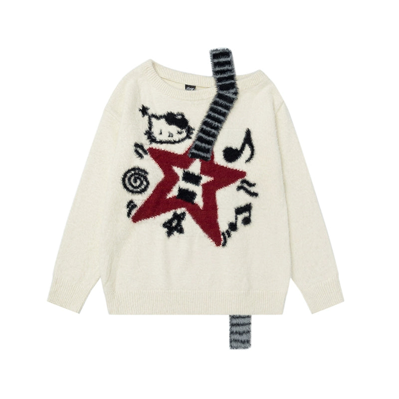 Cream sweater with guitar and star design on a white background