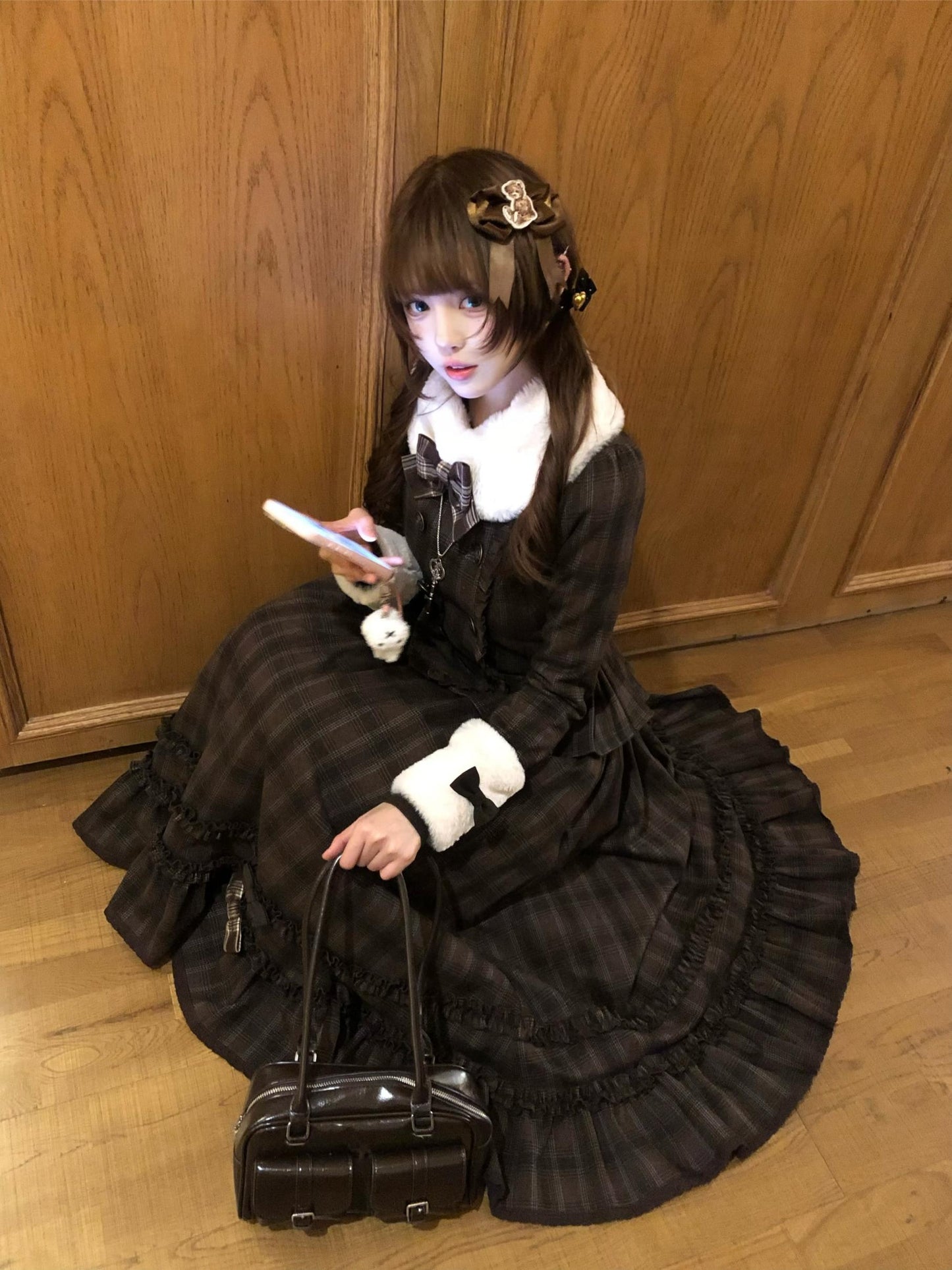 Sweet Dream Chocolate Filled Brown Plaid Jacket Skirt Two Piece Set