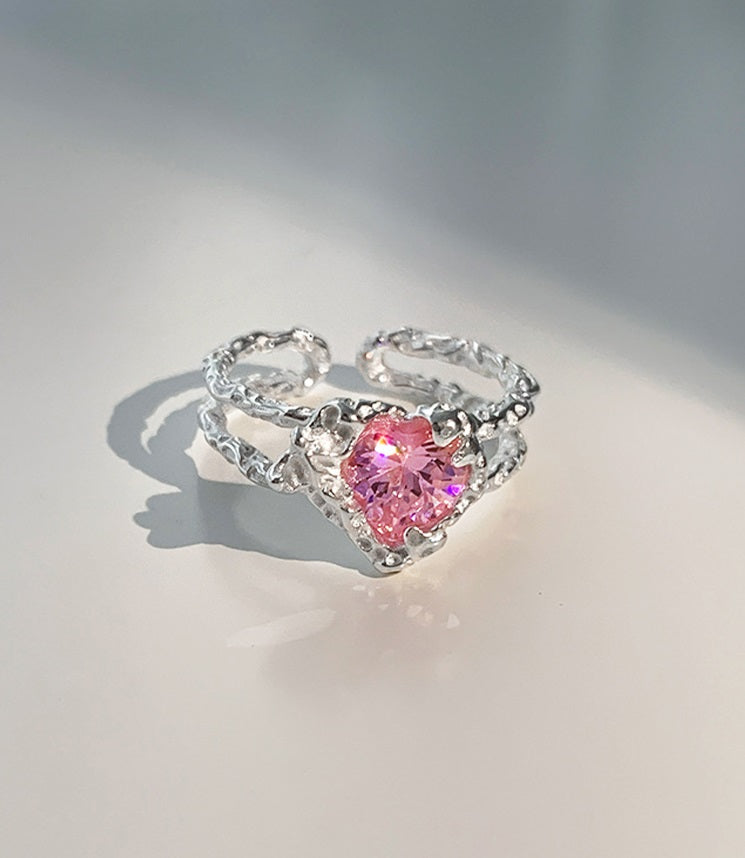 Luxury Pretty Modern Love Heart Pink Diamond Silver Ring