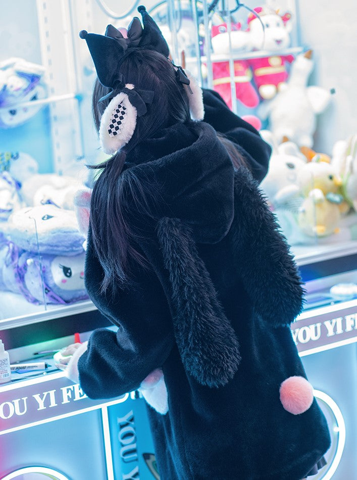 Winter Autumn Collar Wrist Pink Rabbit Bunny Ears Hoodie Tail Black Fluffy Thick Plush Coat