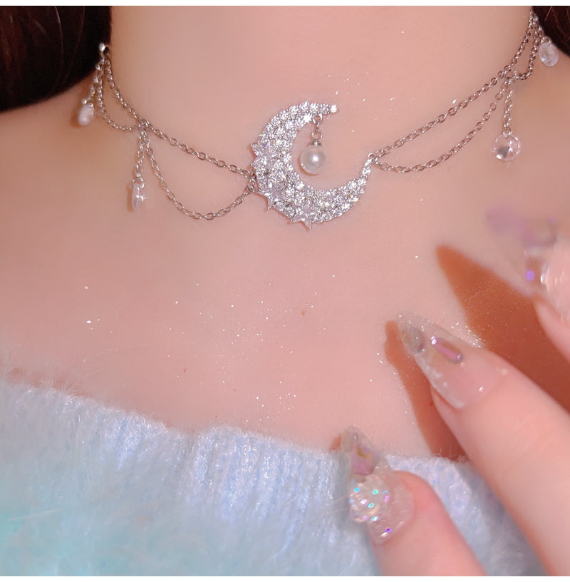 Crescent Moon Silver Luxury Pretty Girl Angelic Diamond Chain Tassel Pendant Necklace