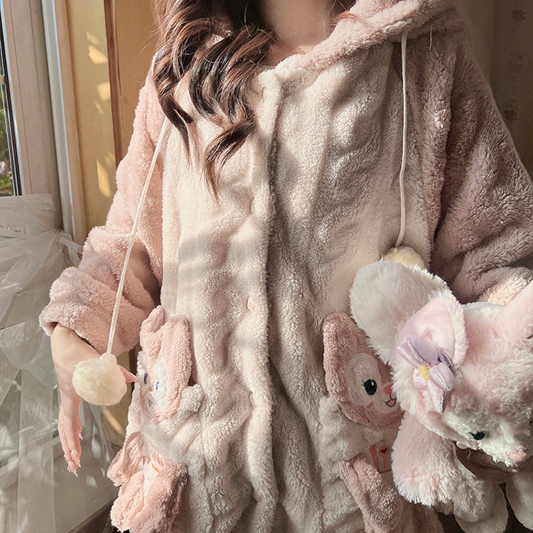 Winter Thick Warm Comfy Soft Cute Little Pink Fox Purple Flower Ears Hoodies Cute Nightgown Long Coat Pajamas Pants Two Piece Set