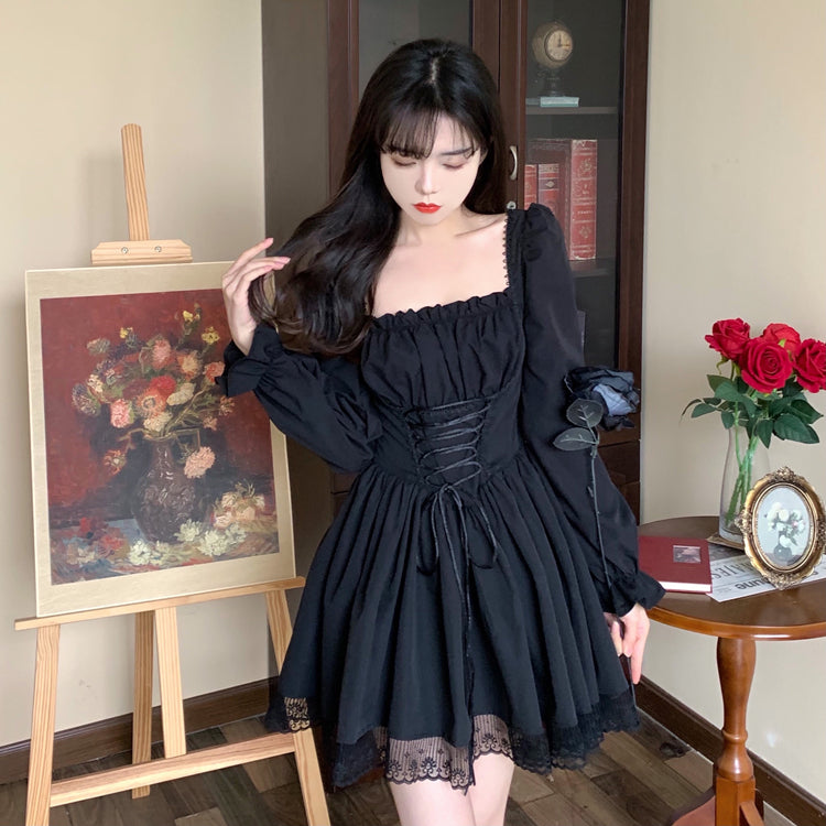 Plus Size Women Goth Girl Classic Corset Bow Ribbon Off Shoulder Puff Sleeve Black Dress