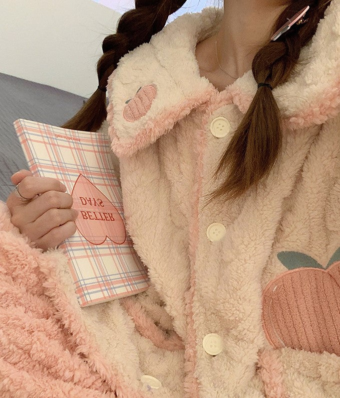 Pink Peach Cute Girl Plush Coral Fleece Warm Winter Pajamas Sleepwear Long Sleeve Tops & Pants Two Piece