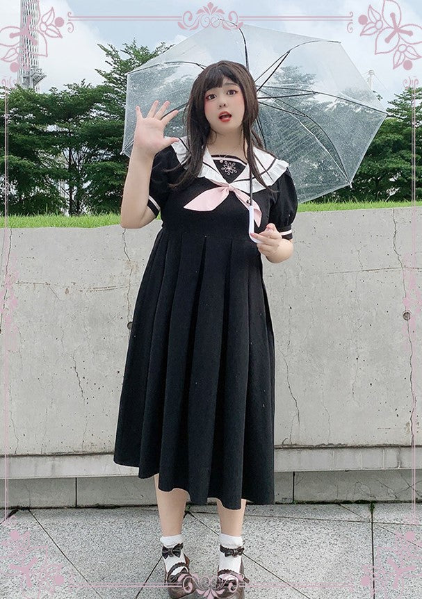 Plus Size Women Girl Student Sailor Collar Sakura Bow Black Japanese Student Uniform Summer Dress