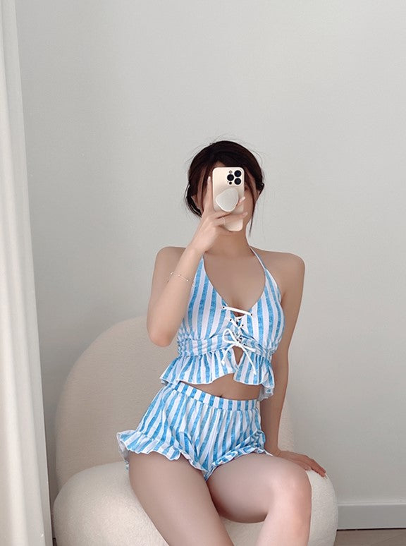 Striped White Blue Pattern Women Summer Bikini Two Piece Swimsuit