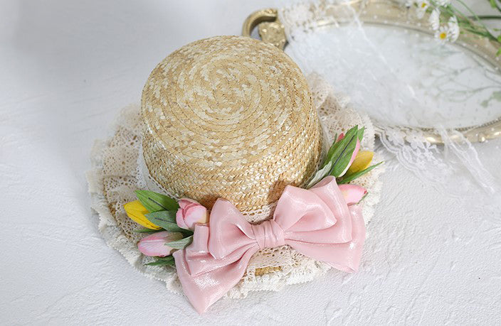 Cute Victorian Girl Tulip Bow Summer Straw Hat