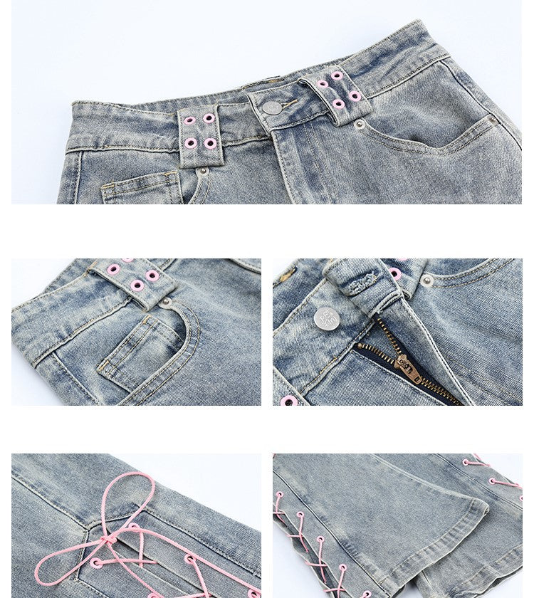 Summer Trendy Stylish Street Cute Pink Ribbon High Waist Jeans Pants