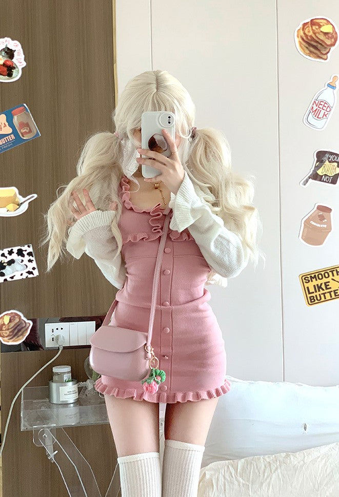 Korean Sexy Cute Pink Ruffle Dress with White Strawberry Cardigan Two Piece Set