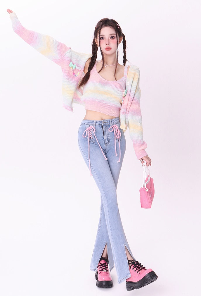 Sweet Spring Summer Rainbow Gradient Color Knitted Cardigan Sling Short Camisole Cardigan Two Piece Set