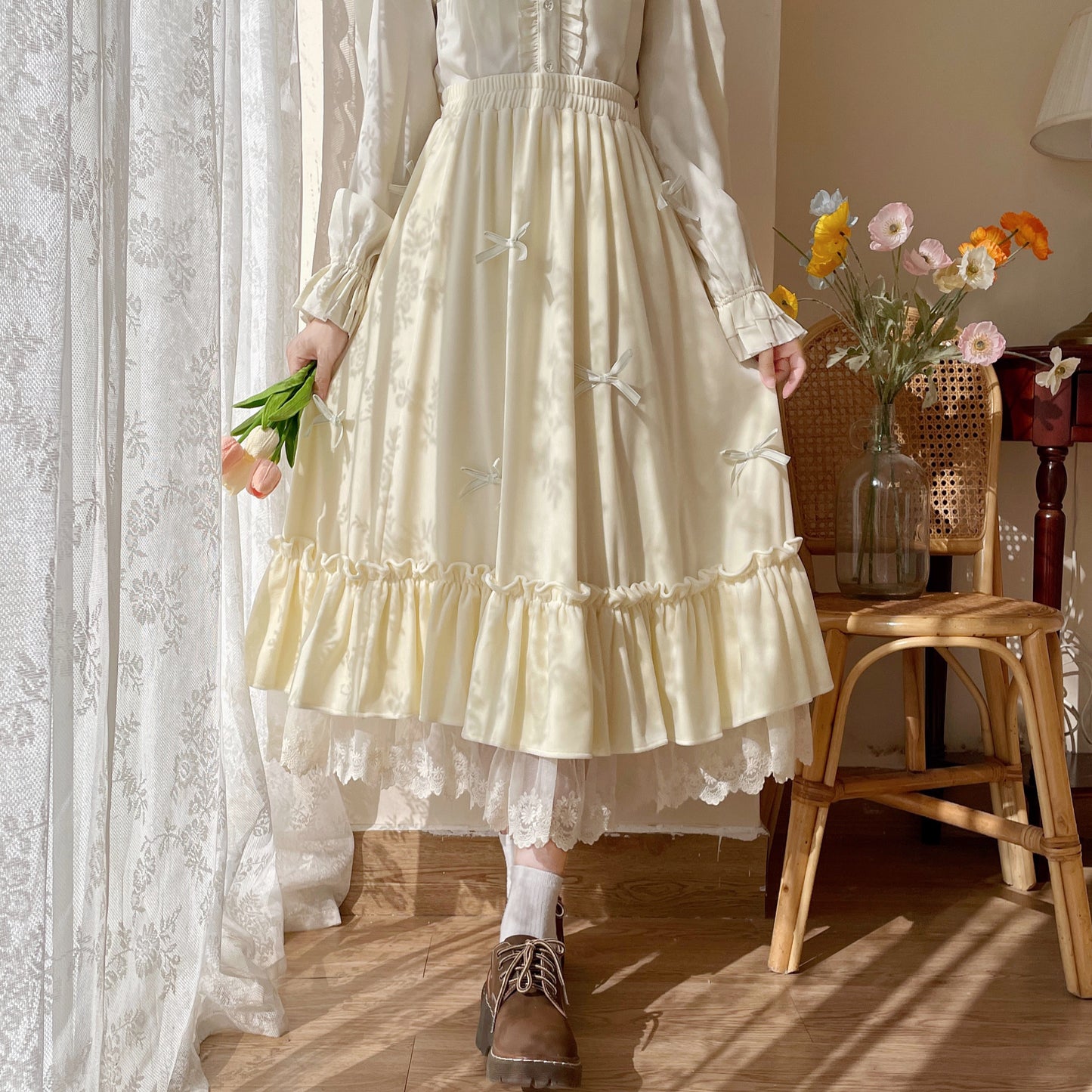 Fall Autumn Mori Girl White Cream Bow Long Elastic Gathered Waist Skirt