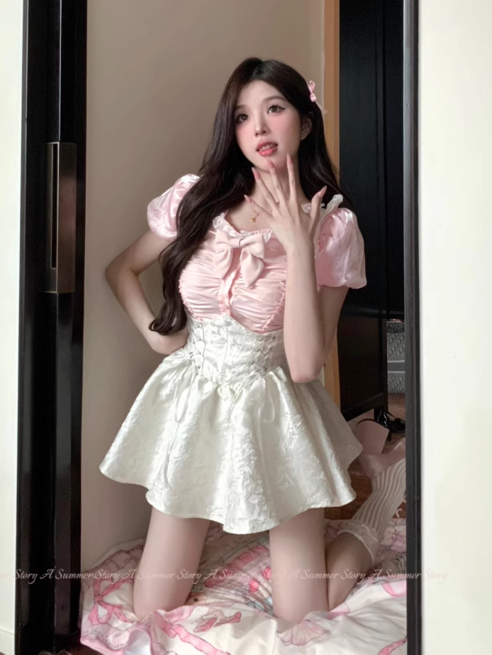 Princess Coquette Girl Sweet Pink Bow Blouse Top & White Strap Suspender  Skirt Set Two Piece Set