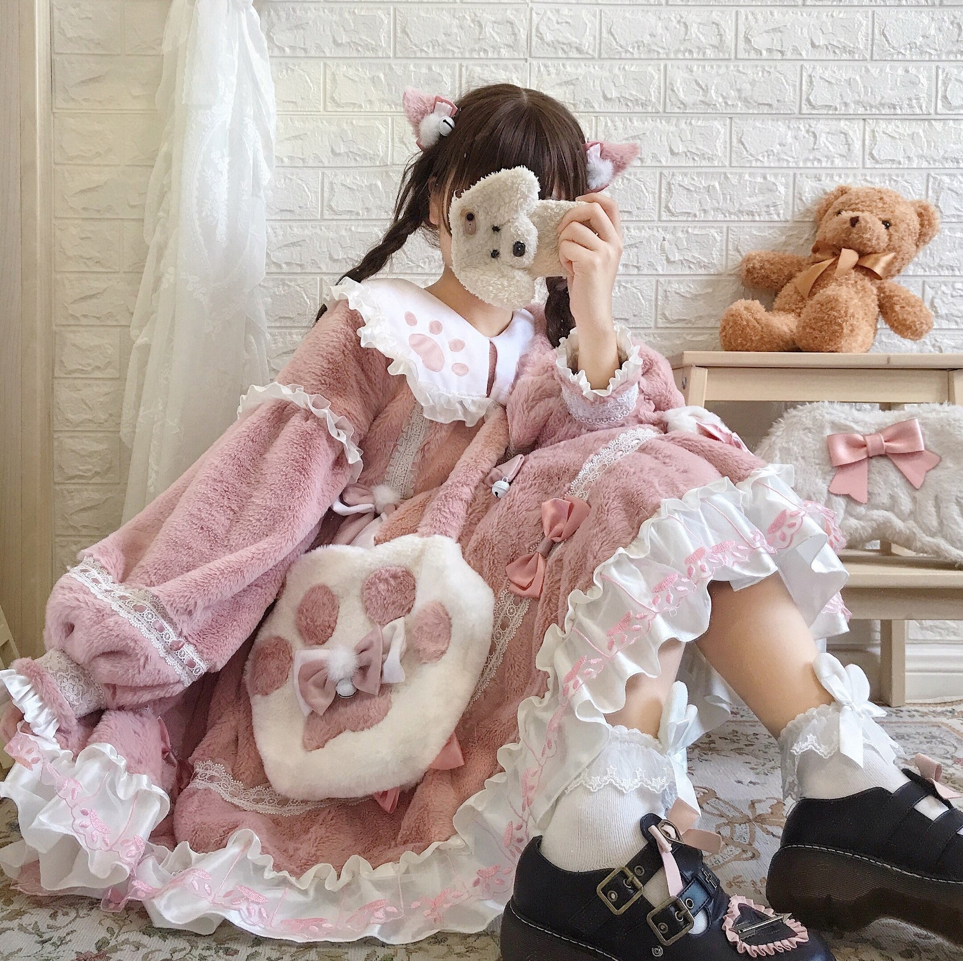 Winter Warm Plush Thick Paw Print Bow Lace Pink Black White Dress