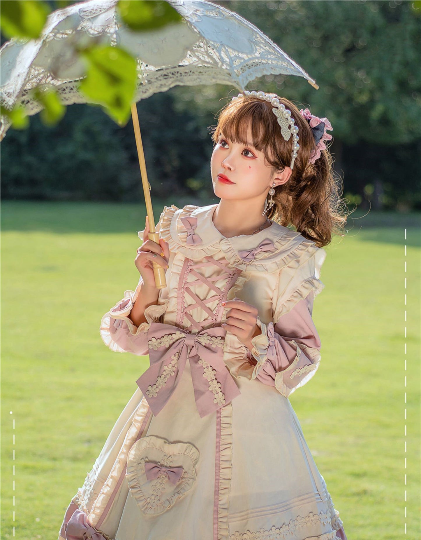 Plus Size Women Autumn Winter Girl Ruffled Lace Bow Tea Time Pastel White Pink Long Sleeve Dress