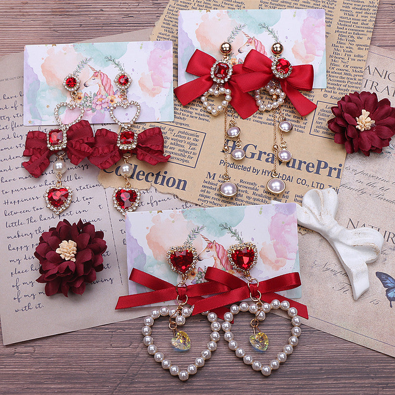 Ruby Gem Pearl Heart Love Jewelry Diamond Classic Burgundy Scarlet Red Bow Fairy Tales Princess Earrings