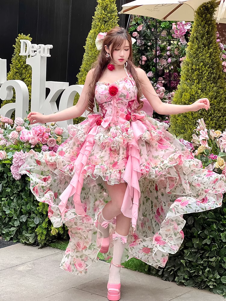 Diamond Sweetheart Pink Red Southern France Rose Princess Floral Lolita Dress