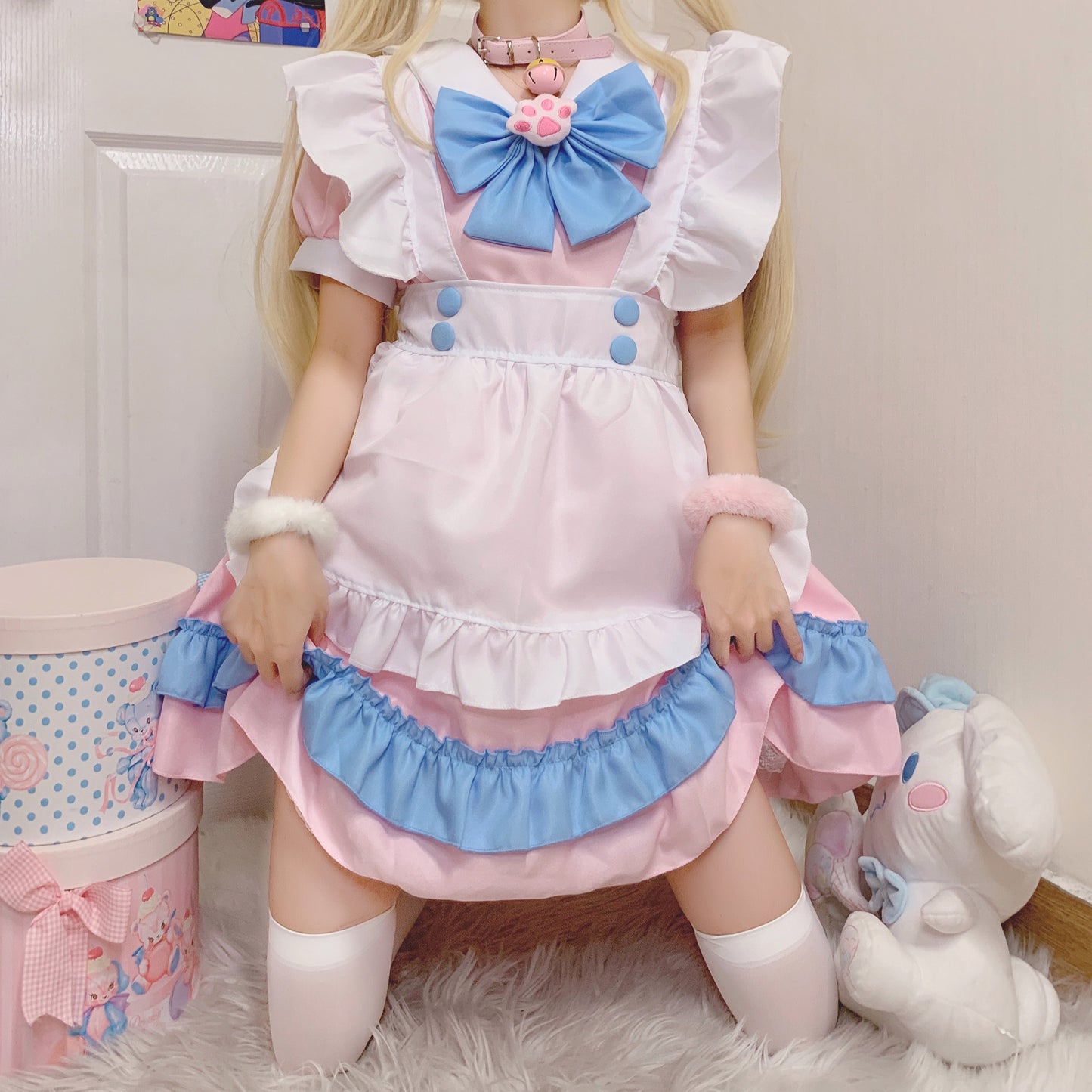 Plus Size Women Japanese Spring Summer Cute Sweet Soft Girl Cosplay Cat Neko Claw Bow White Apron Blue Pink Maid Dress