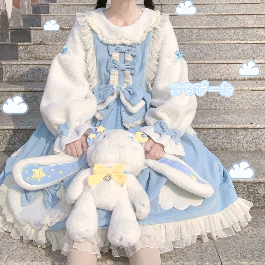 Winter Thick Velvet Plush Cloud Princess Pastel Pink Blue Brown Dress Blue / XL Winter Thick Velvet Plush Cloud Princess Pastel Pink Blue Brown Dress Blue / XL