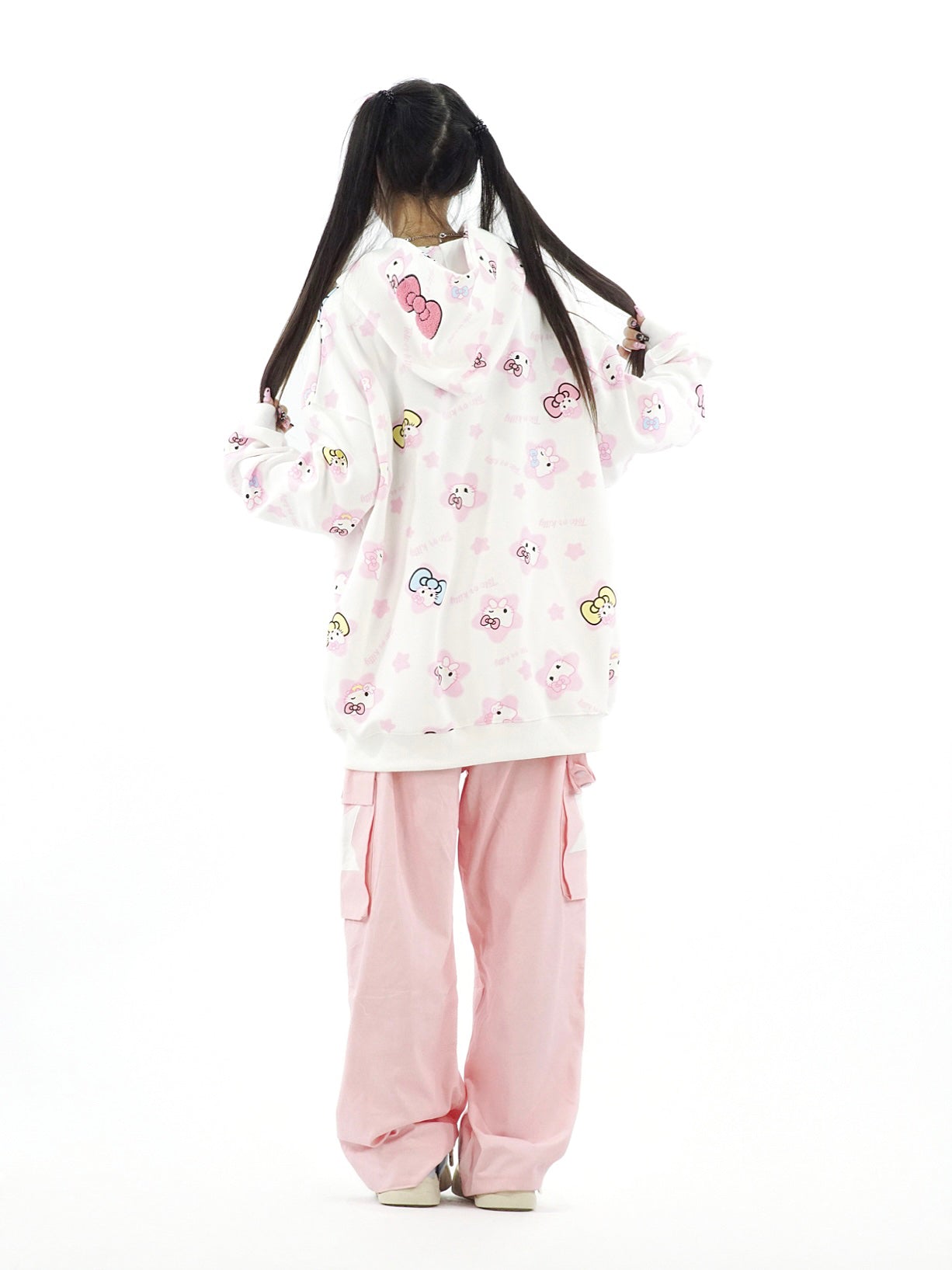 Cute Kitty Cat Print White Pink Yellow Y2K Oversize Hoodie