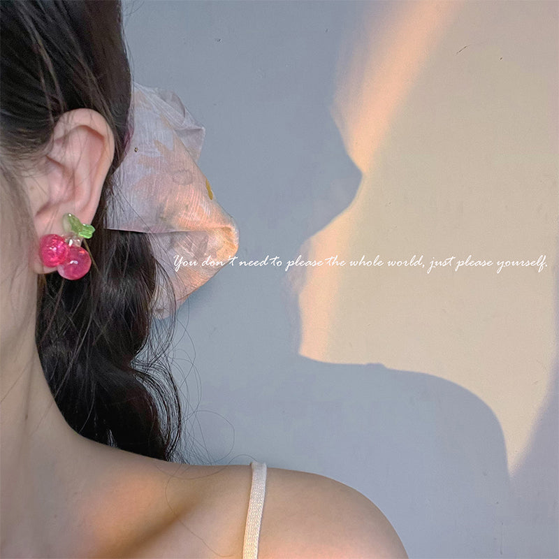 Pink Cherry Crystal Pretty Cute Women Earrings Earclips