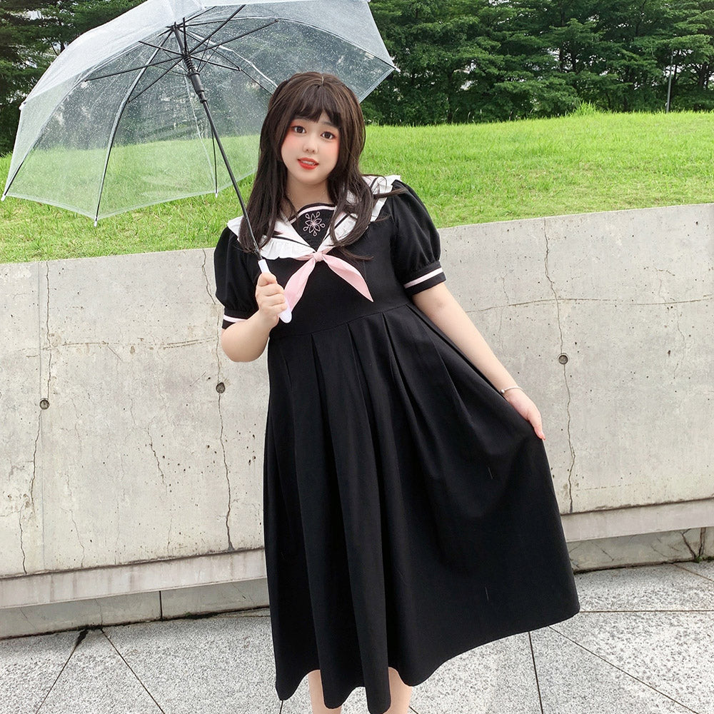 black summer dress plus size Plus Size Sailor Collar Sakura Bow Black Summer Dress – Sugarplum Store