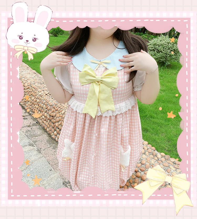 Plus Size Women Girl Plaid Pattern Farm Bow Rabbit Bunny Cottagecore Pastel Dress
