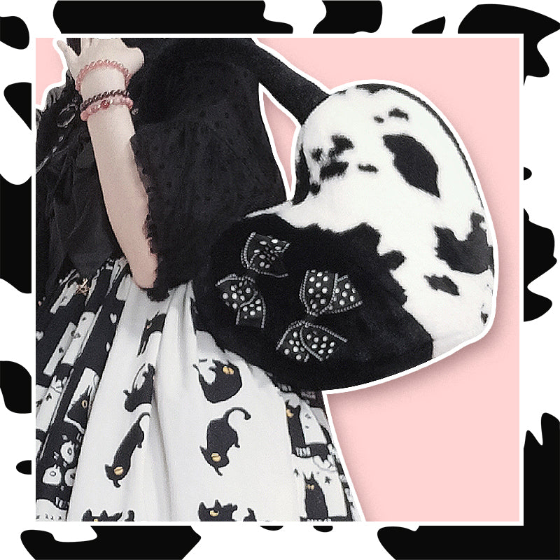 Japanese Fluff Plush Cow Pattern Bow Black White Heart Love Shape Messenger Handbag Bag