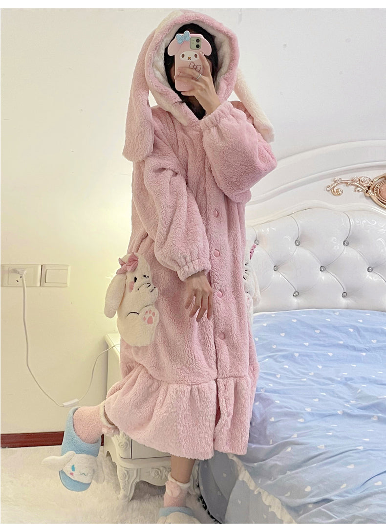 Lop Ear Bunny Rabbit Pink Cute Cartoon Women Girl Thick Plush Coral Fleece Warm Winter Pajamas Sleepwear Hooded Nightgown Coat & Pants Two Piece Set