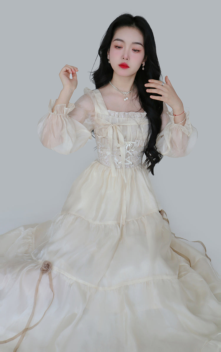 French Elegant Delicate Rose Princess Embroidery Jacquard Satin Soft Cream Long Sleeve Dress