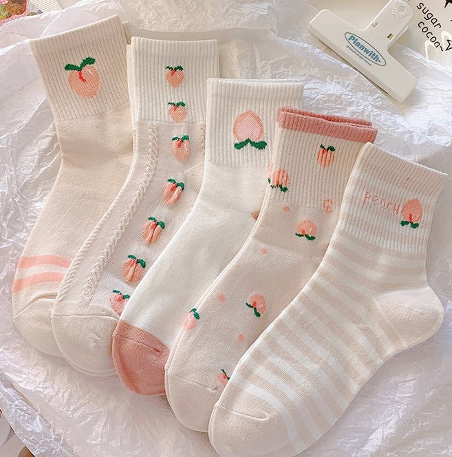 Japanese Girl Cute Autumn Pink Peach Pretty Sweet White Cotton Socks 5 Patterns Pairs Sets