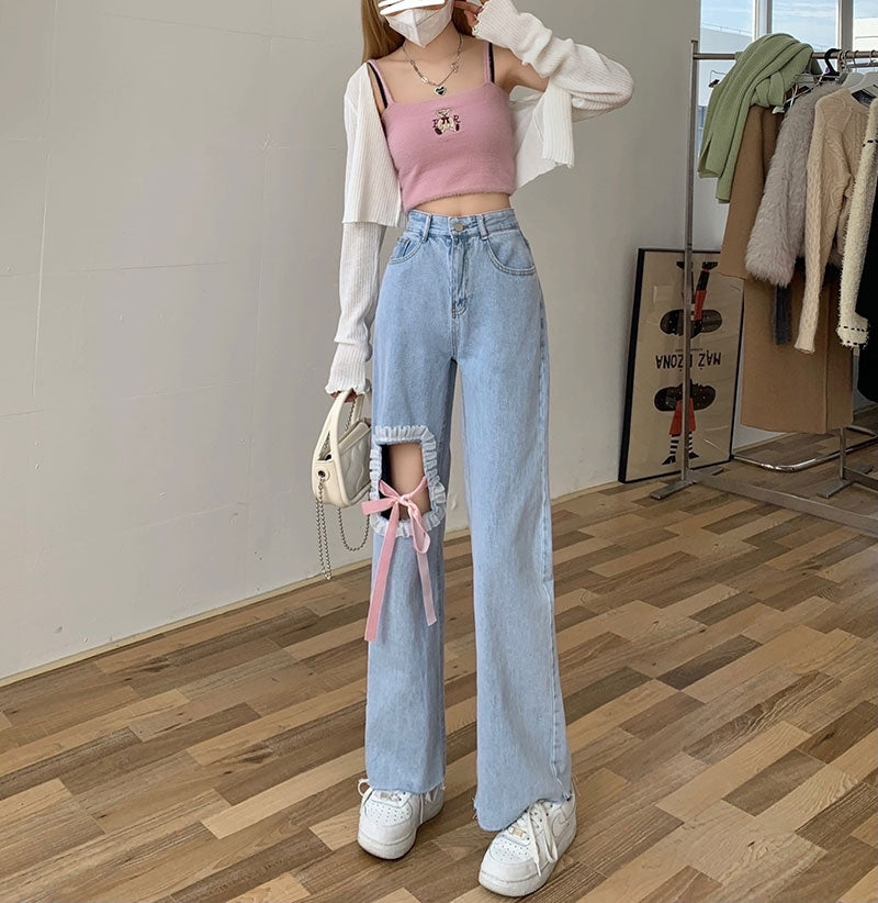 Cute Summer High Waist Pink Bow Ribbon White Lace Denim Pants Jeans