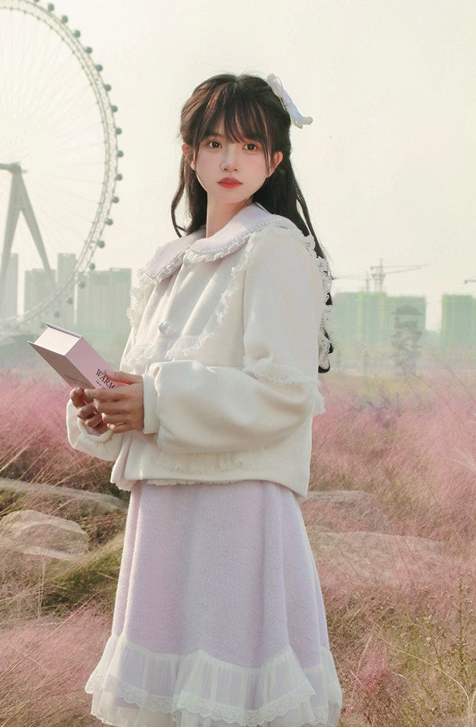 Neon Autumn Winter Sweet Soft Girl Lady Pastel Pink & White Short Faux Imitation Cashmere Coat Jacket