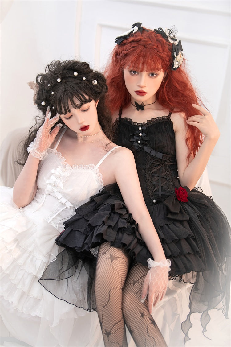 Gothic Black & White Summer Stars Rose Lace Strap Dress – Sugarplum Store Gothic Black & White Summer Stars Rose Lace Strap Dress – Sugarplum Store